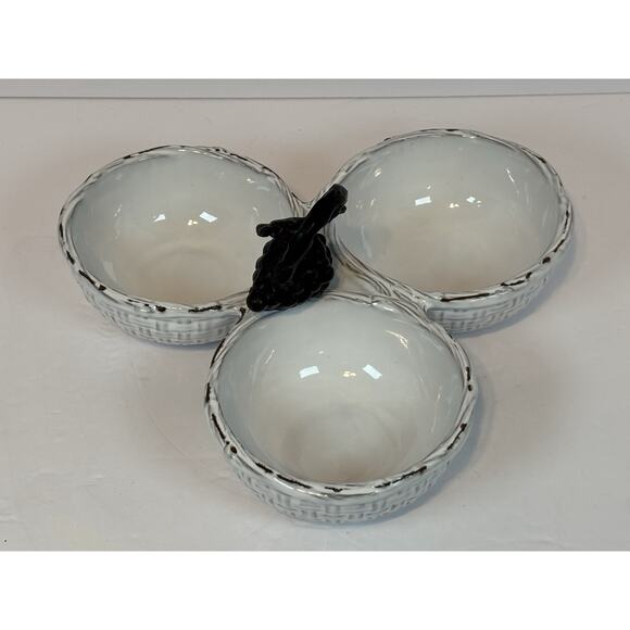 Mud Pie Triple Section Ceramic Basket Weave Serving Bowl with Grape Handle - Picture 6 of 9